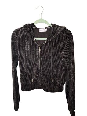 Juicy Couture Black Metallic Ribbed Velour Zip Hoodie Cropped Size S Y2K